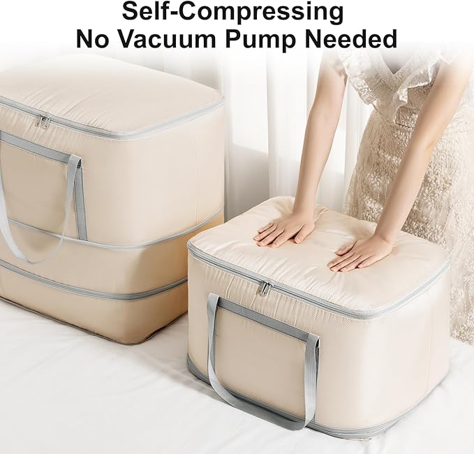 Comforter Storage Bag - 120L Bedding Storage Bags for Moving Closet, Washable Blanket Storage Bag, Ultra Space Saving Self Compression Organizer 4-Pack, Beige
