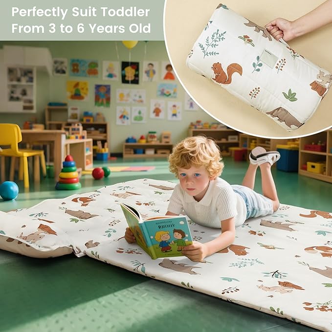 PHF Woodland Toddler Nap Mat Set, with Removable Pillow for Toddler Boys Girls, Soft and Lightweight for Daycare, Preschool, Travel, Kindergarten Sleeping Bag, Fits Ages 3-6 Years, Woodland