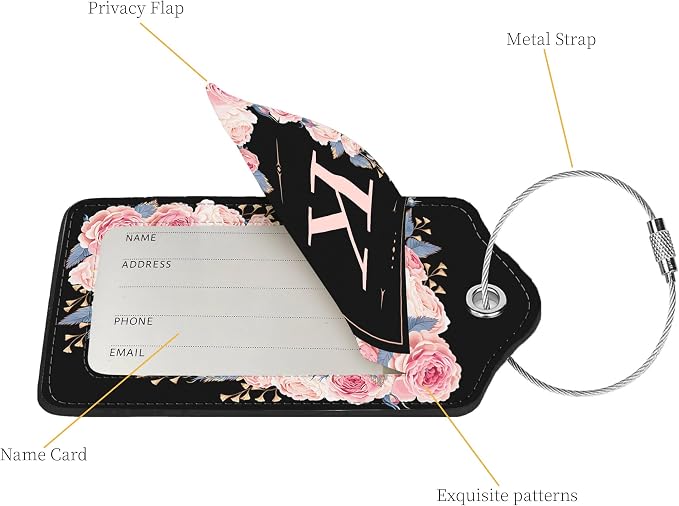 2 Pcs PU Leather Luggage Tag for Suitcases with Privacy Shield and Name ID Tag Address Card Travel Cruise Luggage Tag, Suitable for Men and Women Baggage Handbag Backpack,Flower and Monogram(Letter K - Image 2