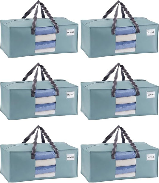 VENO 6 Pack Heavy Duty Moving Bags, Packing Bags with Clear Window, Alternative to Moving Boxes, Storage Bins for Clothes, Blankets, Comforters, College Dorm Essentials (Light Blue Matte, 6 Pack)