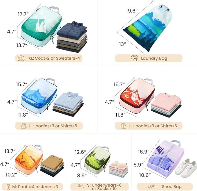 7-Piece Compression Packing Cubes for Travel, Patterned Expandable Luggage Organizer Bags with Double Zipper & Mesh Panel, Shoe Bag & Drawstring Bag for Carry-On, Vacation, Camping