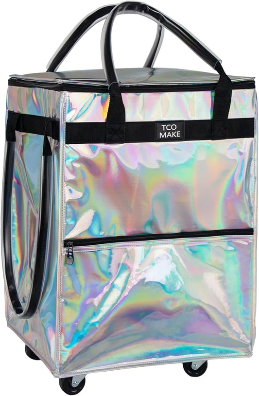 Reusable Grocery Bag on Wheels, Rolling Shopping Bags with Wheels and Handle, Folding Rolling Tote Trolley, 3 Pockets and Zipper Cover, Carries Up to 46 LBS (Medium, Phantom White)
