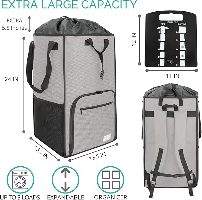 Terra Home Portable Extra Large Laundry Bag, College Dorms Apartment Essentials with Chest Strap, Shirt Folding Board Collapsible Foldable Laundry Bag, Clothes Hamper College Student Gifts (Grey)