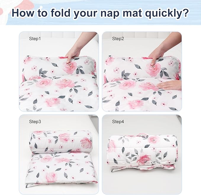PHF Floral Toddler Nap Mat Set, with Removable Pillow for Toddler Girls, Soft and Lightweight for Daycare, Preschool, Travel, Kindergarten Sleeping Bag, Fits Ages 3-6 Years, Pink Floral
