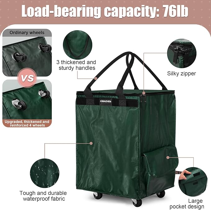 (Medium,Green) Reusable Grocery Bag on 4 Wheels, Foldable Rolling Tote Bag with 3 Handles and Zipper, Storage Organizer for Groceries, Rolling Shopping Cart for Travel, 76lb