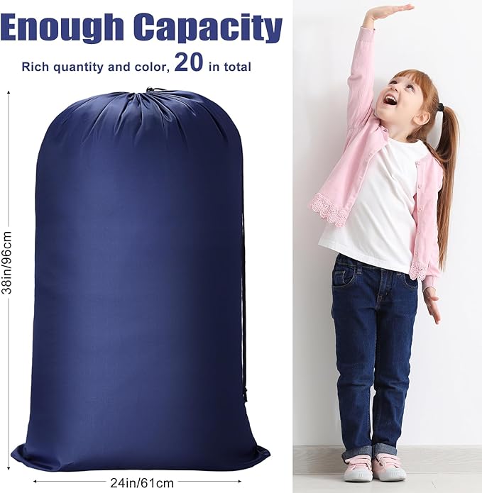 Nuogo 20 Pcs Laundry Bag Washable Travel Laundry Bags with Drawstring Lock Closure Large Heavy Duty for Camping Tent Blankets Dirty Clothes Yarn Fabric Storage, 38 x 24 Inches(Mixed Color)