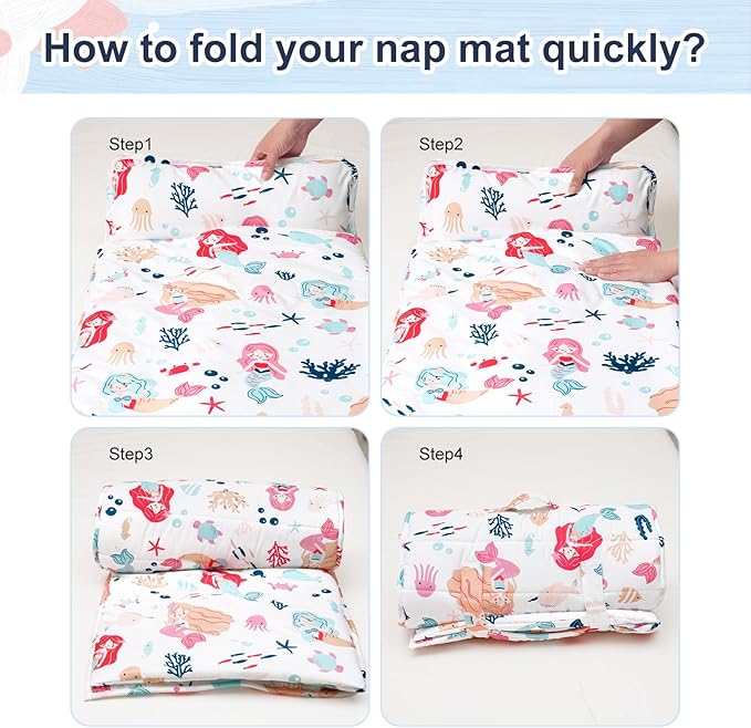 PHF Mermaid Toddler Nap Mat Set, with Removable Pillow for Toddler Girls, Soft and Lightweight for Daycare, Preschool, Travel, Kindergarten Sleeping Bag, Fits Ages 3-6 Years, Mermaid