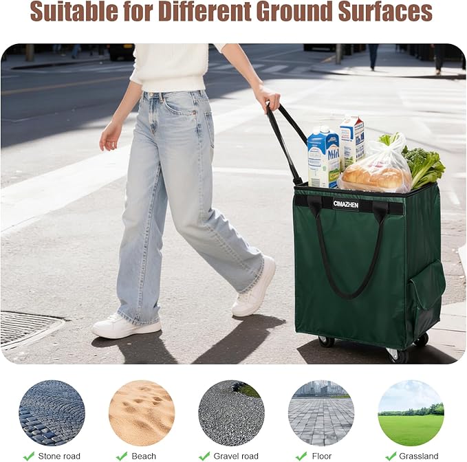 (Medium,Green) Reusable Grocery Bag on 4 Wheels, Foldable Rolling Tote Bag with 3 Handles and Zipper, Storage Organizer for Groceries, Rolling Shopping Cart for Travel, 76lb