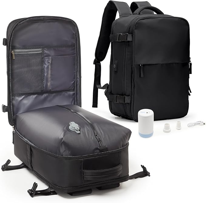 suwasp Vacuum Compression Backpack, 45L Expandable Travel Backpack with Electric Vacpack Pump, Travel Vacuum Bags with 17inch Laptop Compartment/Wet/Dry Compartment/Waterproof Pocket, Black