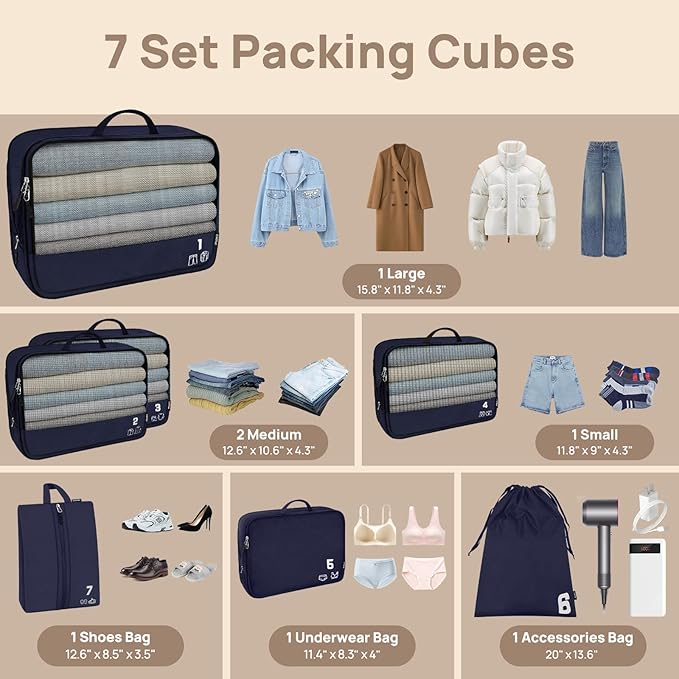 7 Set Compression Packing Cubes for Travel, Luggage Organizer Bags for Suitcases with Mesh Panels, Shoe Bag & Toiletry Bag for Carry On, Vacation & Cruise Essentials (Navy Blue)