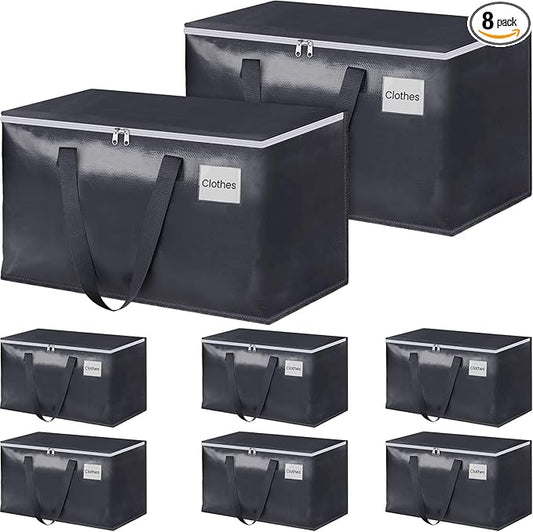 StorageRight Heavy Duty Moving Boxes-Moving Bags with Zipper, Reinforced Handles and Tag Pocket-Collapsible Moving Supplies-Totes for Storage Great for Moving, Storage and Travel 93L(Gray-8 Pack)