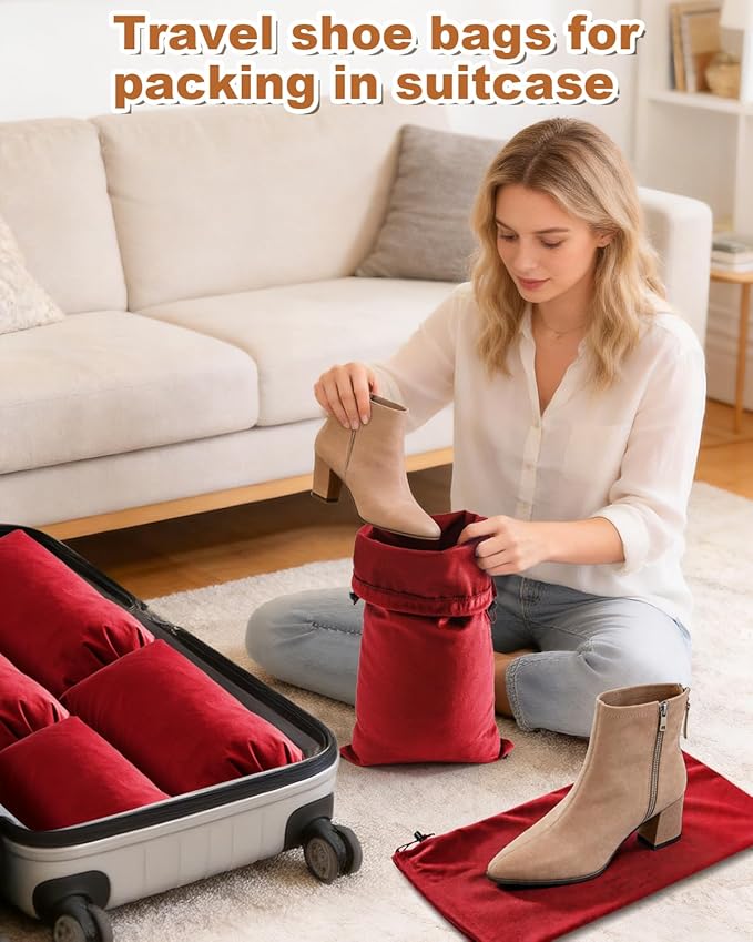 6 Pcs Single Shoe Bags for Travel, 17.3"x8.6" Washable Travel Shoe Bags for Packing in Suitcase, Velvet Dust Bag with Drawstring, Shoe Pouch for Women and Men, Travel and Home Storage (Rio Red)