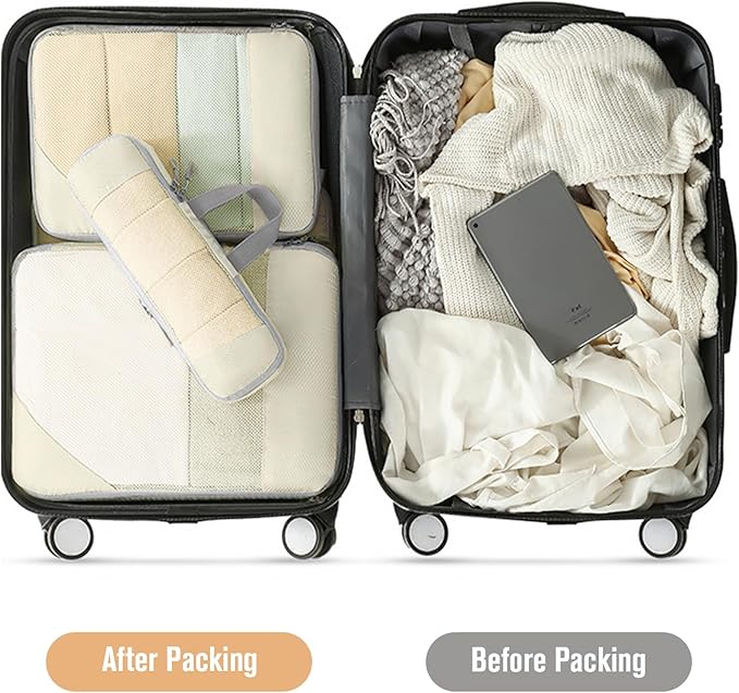 WOOMADA Compression Packing Cubes for Suitcases Travel Essentials 6 Set Rectangle Mesh Expandable Travel Bags Organizer for Luggage