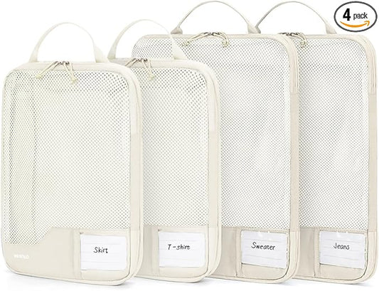 ECOHUB 4 Set Compression Packing Cubes for Travel Essentials, Suitcases Organizer Bags with Tag, Travel Bags Organizer for Luggage, Beige-Compress