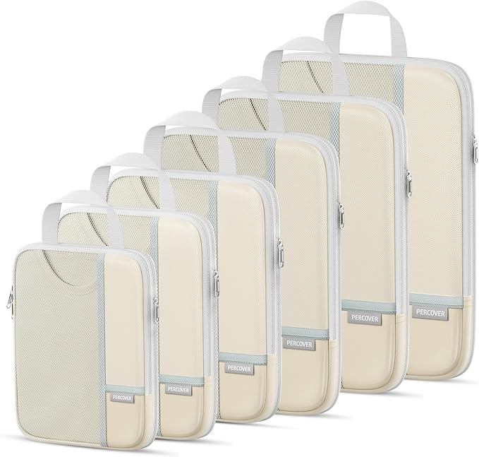 Percover Compression Packing Cubes for Travel, 6-Piece Structured Compression Organizer Set for Organized Packing & Carry-On Luggage, Beige