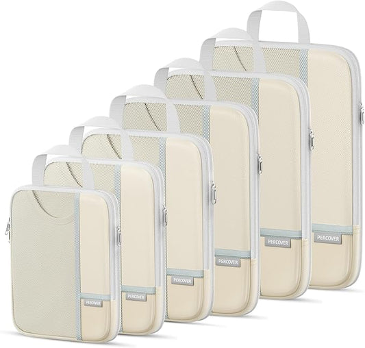 Percover Compression Packing Cubes for Travel, 6-Piece Structured Compression Organizer Set for Organized Packing & Carry-On Luggage, Beige