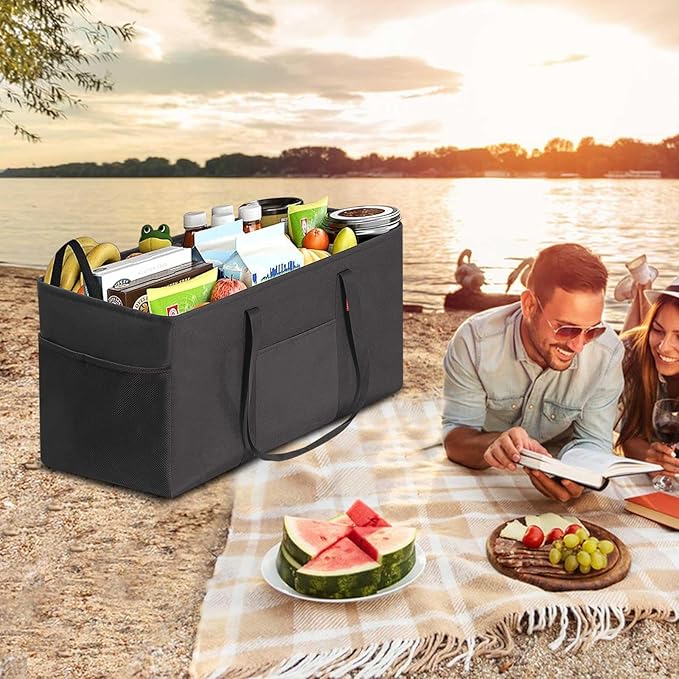 LHZK 2 Pack Extra Large Utility Tote Bag with Metal Wire Frame and the Sides Rinforced, Extra Large Tote Bag with Handle, Reusable Grocery Bags Foldable, Beach Bag, Car Tote (Black, 26''x15''x13'')