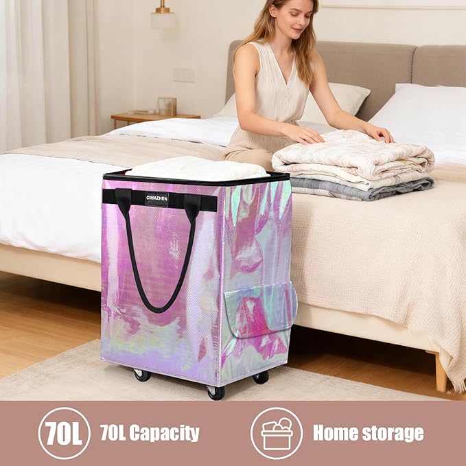 (Medium,Mermaid) Reusable Grocery Bag on 4 Wheels, Foldable Rolling Tote Bag with 3 Handles and Zipper, Storage Organizer for Groceries, Rolling Shopping Cart for Travel, 76lb