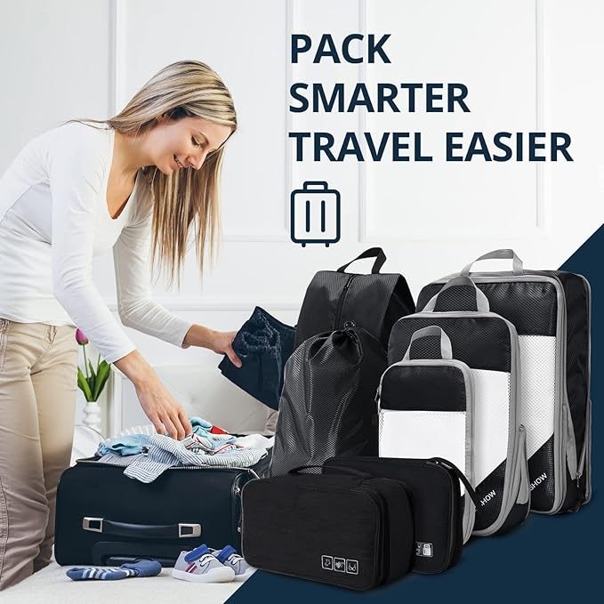 NICOSHOW 7 Set Compression Packing Cubes for Travel - Compressible, Lightweight, and Space-Saving Packing Cubes, Travel Essentials for Women, Black