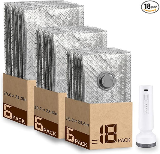 Travel Vacuum Seal Bags for Clothing,Vacuum Storage Bags with Rechargeable Pump,18 Pack Space Saver Compression for Clothes,Blankets,Bedding,Suitcase Luggage Seasonal Storage