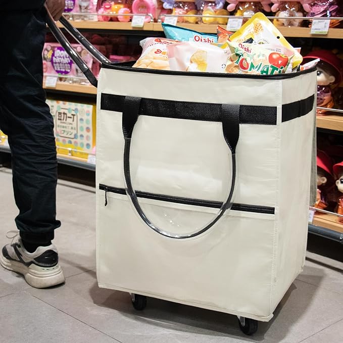 Reusable Grocery Bag on Wheels, (Medium, Beige) Rolling Shopping Bags with Wheels and Handle, Folding Rolling Tote Trolley, 3 Pockets and Zipper Cover, Carries Up to 46 LBS