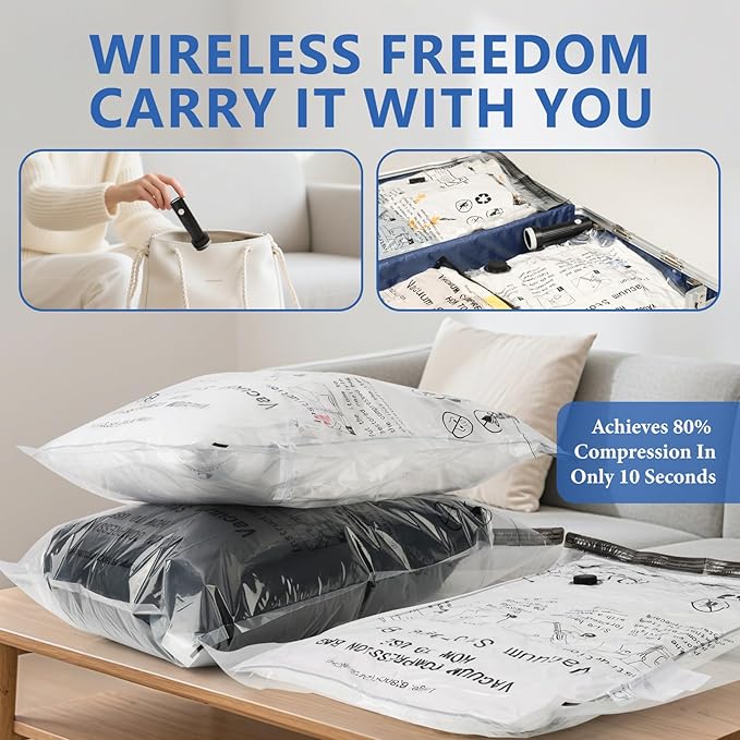 NESCCI Travel Vacuum Bags for Clothing with Rechargeable Wireless air Pump,12 Pack Compression Packing Bags for Luggage Suitcase,Carry-on Size Space Saver Vacuum Storage Bags
