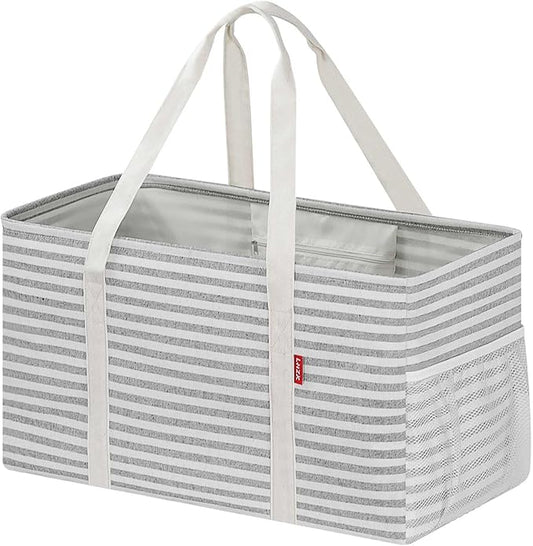 LHZK Standing Extra Large Utility Tote Bag with Metal Wire Frame and the Sides Rinforced, Extra Large Tote Bag with Handle, Reusable Grocery Bags Foldable, Beach Bag, Car Tote (Gray) | 22.5×10.5×12 inch