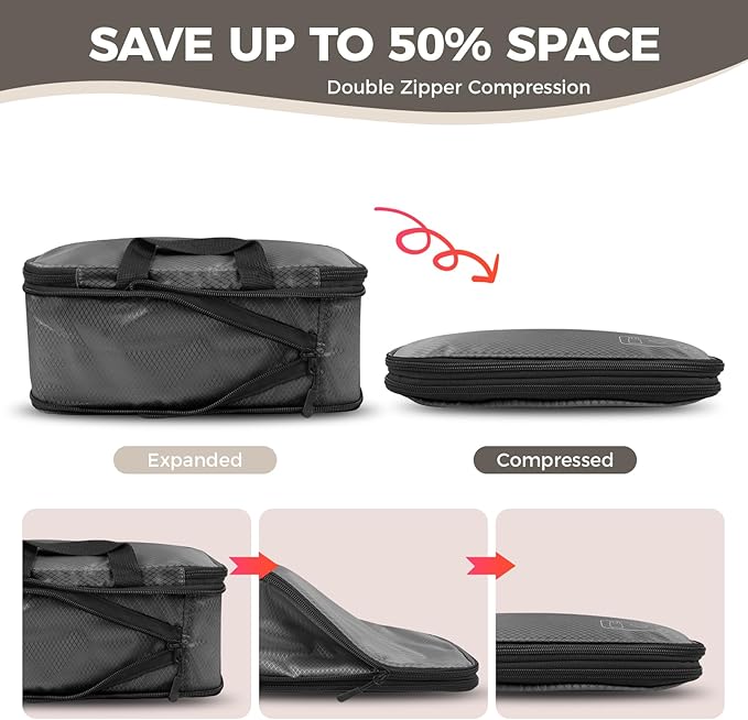 8-Piece Compression Packing Cubes for Travel, Ultralight Luggage Organizer Set with Double Zipper, Space Saving for Suitcase & Carry-On, Ideal for Business Trip Weekend Getaway - Gray