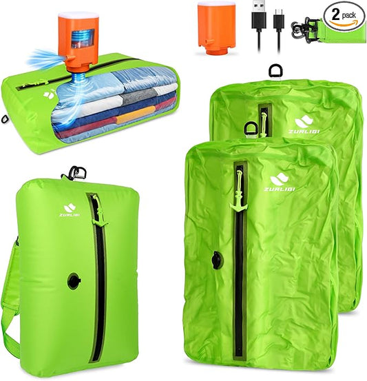 Zurligi Travel Vacuum Bag Kit with Wireless Pump, IPX8 Waterproof Durable, Airtight Heavy-Duty Zipper, Portable Reusable Compression Packing Cubes with Shoulder Strap for Travel, Moving, Home Storage