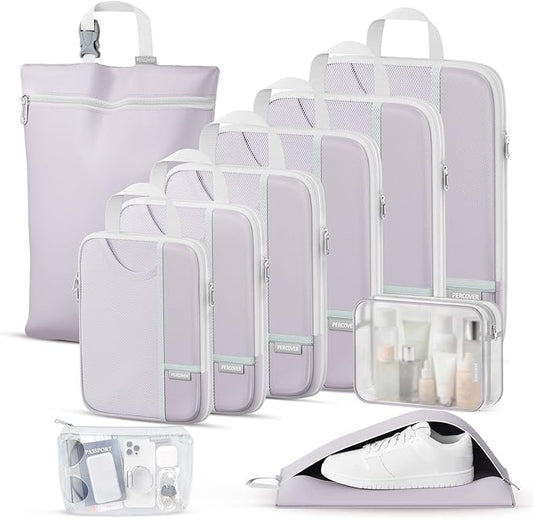 Percover Compression Packing Cubes for Travel, 10-Piece Structured Compression Organizer Set with Toiletry Bag, Laundry Bag & Shoe Bag for Carry-On & Checked Luggage, Purple