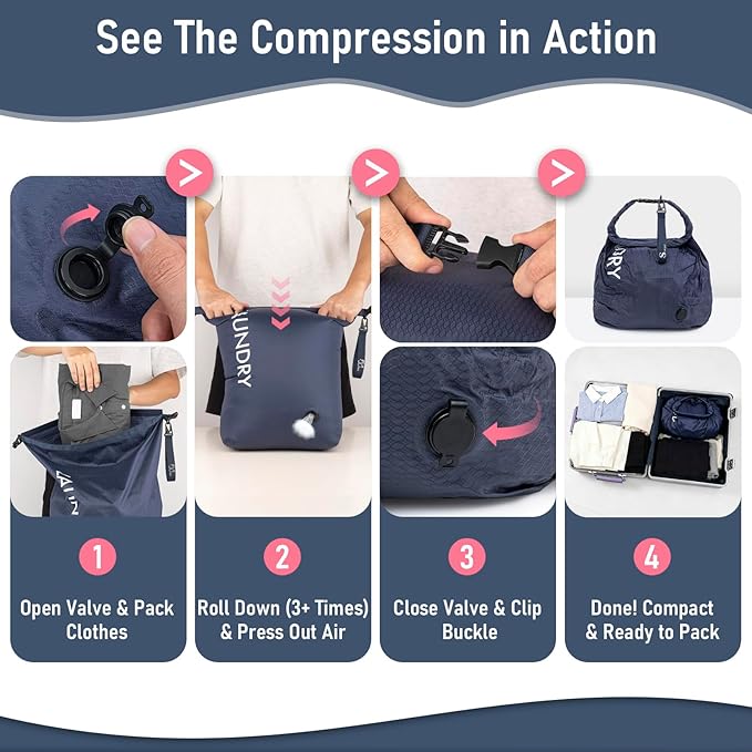 WiseBoy Compression Laundry Bag 2 Pack, Pump-Free Space Saving Travel Laundry Bag, Waterproof Odor-Resistant Dirty Clothes Bag for Suitcase, Wet Dry Gym & Swim Organizer (Navy Blue & Pink)