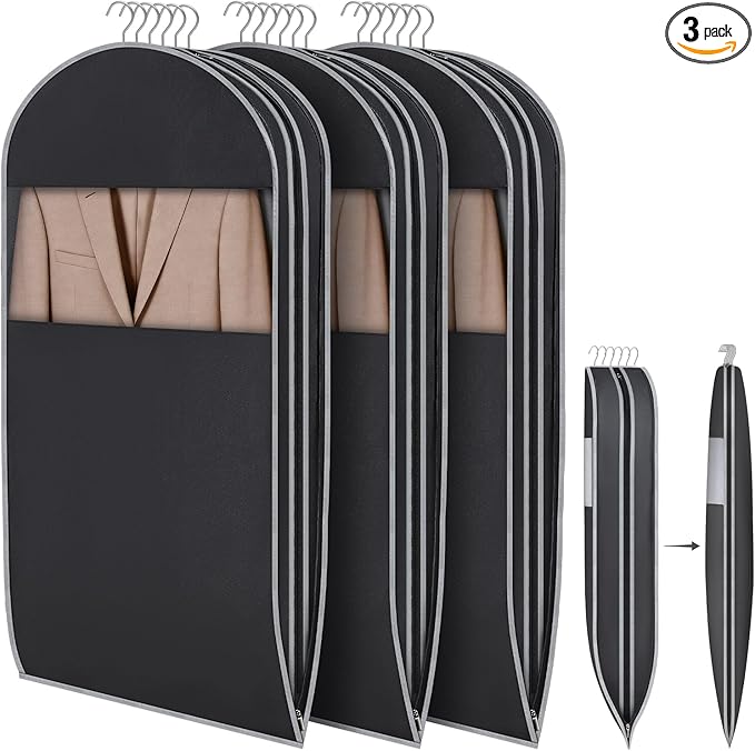 KEEGH Space Saving Hanging Garment Bag with Self Compression Zipper 40 Inch, Compression Garment Bags for Hanging Clothes with Clear Window, Suit Bags for Closet Storage (3 Pack)