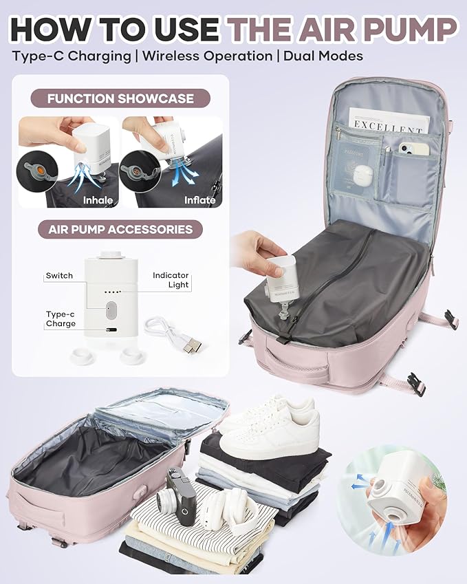 WONHOX Vacuum Seal Travel Backpack with Air Pump,Compression Vacpack Waterproof Carry On Backpack for Travel Women Men with Vacuum System,Airlines Approved Daypack Laptop Space Saver Bags,PinkPurple