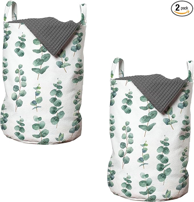 Ambesonne Eucalyptus Laundry Bag Pack of 2, Watercolor Inspired Painting of Forest Leaves and Branches Garden Art, Hamper Basket with Handles Drawstring Closure, 13" x 19", Laurel Green