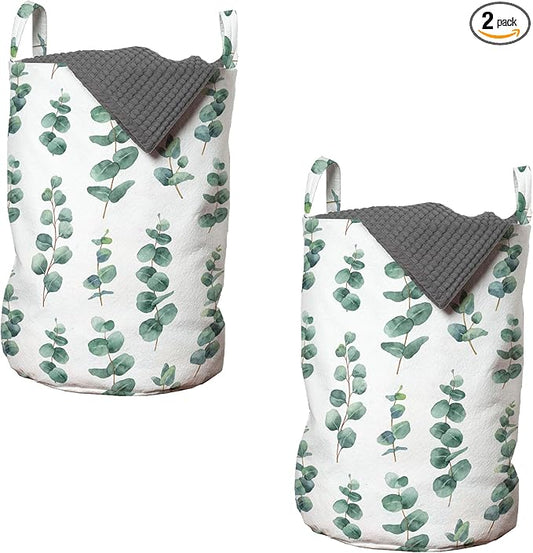 Ambesonne Eucalyptus Laundry Bag Pack of 2, Watercolor Inspired Painting of Forest Leaves and Branches Garden Art, Hamper Basket with Handles Drawstring Closure, 13" x 19", Laurel Green