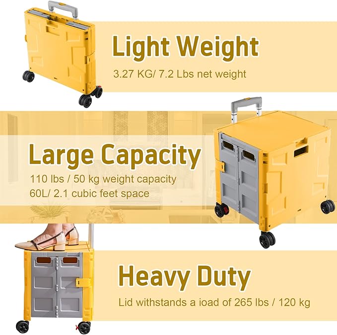 FELICON Folding Utility Cart Portable Rolling Crate Handcart with Durable Heavy Duty Plastic Telescoping Handle Collapsible Hidden Lid 4Rotate Wheels for Travel Shop Move Office Teacher(Yellow&Gray)