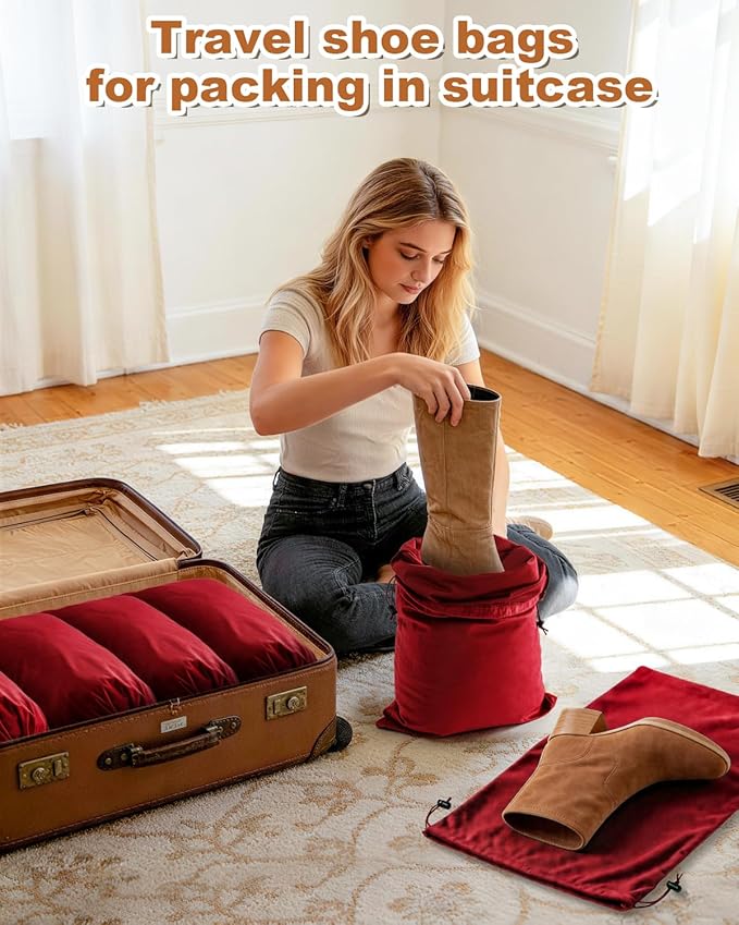 4 Pcs Shoe Bags for Travel, 21.2"x13.3" Large Boot Bags for Cowboy Boots, Washable Velvet Dust Bag with Drawstring for Dress Shoes, Handbags and Clothing, Suitable for Travel and Home Storage