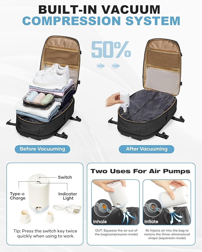 coofay Vacuum Backpack Travel with Pump Vacpack Backpack with Vacuum Seal Backpacks Traveling Backpacks Vacuum Compression Air Travel Bag Carry on Luggage