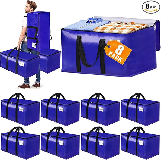 FabSpace 8-Pack Moving Bags with Backpack Straps & Carry Handles, 20 Gallons-76 L Heavy Duty Storage Totes for Space Saving, Foldable Storage Bags for College Dorm, Travel, Camping (Blue)