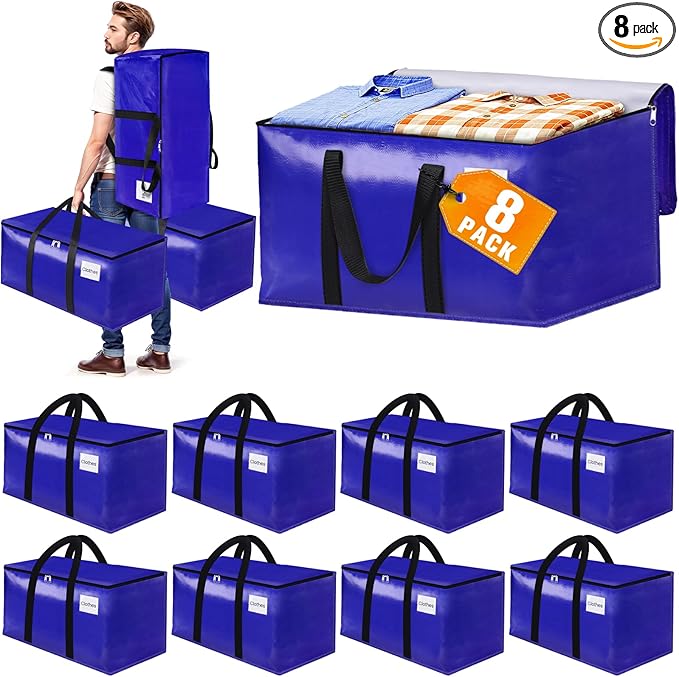 FabSpace 8-Pack Moving Bags with Backpack Straps & Carry Handles, 30 Gallons-125 L Heavy Duty Storage Totes for Space Saving, Foldable Storage Bags for College Dorm, Travel, Camping (Blue)