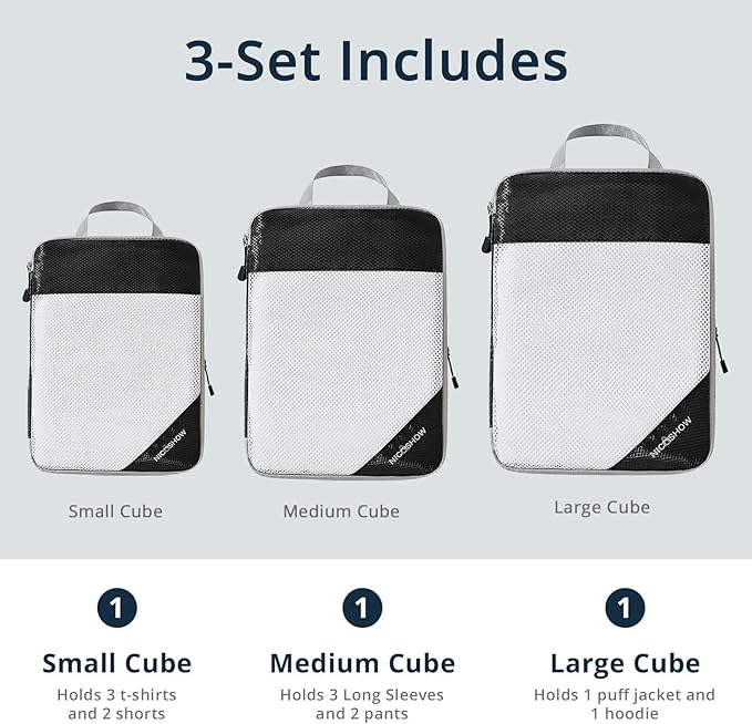 NICOSHOW 3 Set Compression Packing Cubes for Travel - Compressible, Lightweight, and Space-Saving Packing Cubes, Travel Essentials for Women, Black