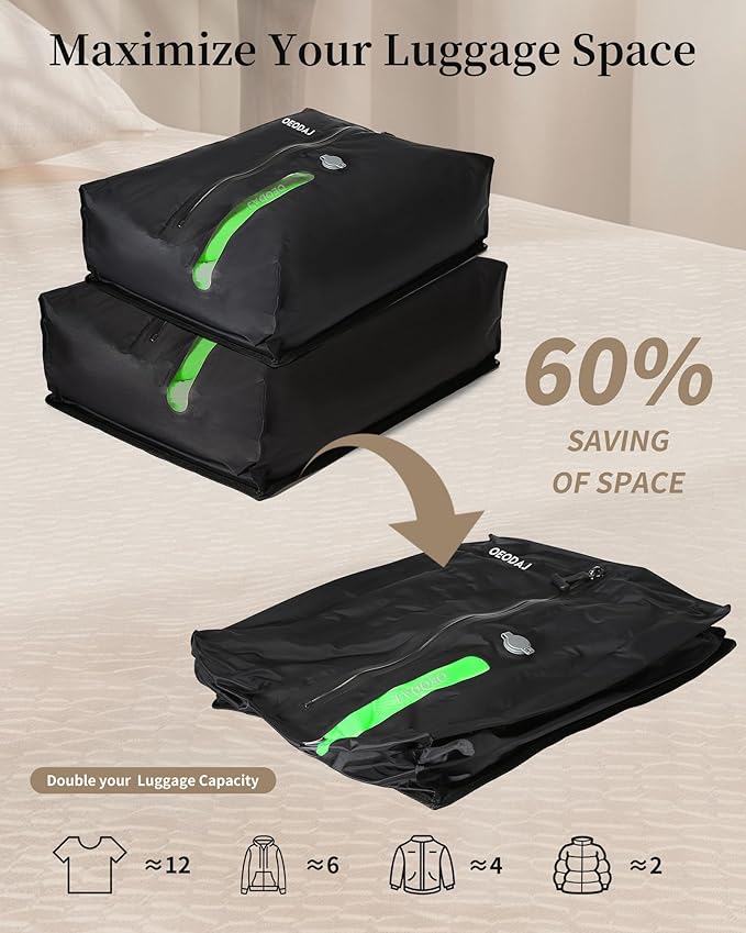 Travel Vacuum Bags with Wireless Pump, Reusable Waterproof Travel Pack Vacuum Kit, Compression Packing Cubes for Carry On Suitcase and Backpack, Seal Storage Bags for Clothing Luggage-2 Pack, 23L