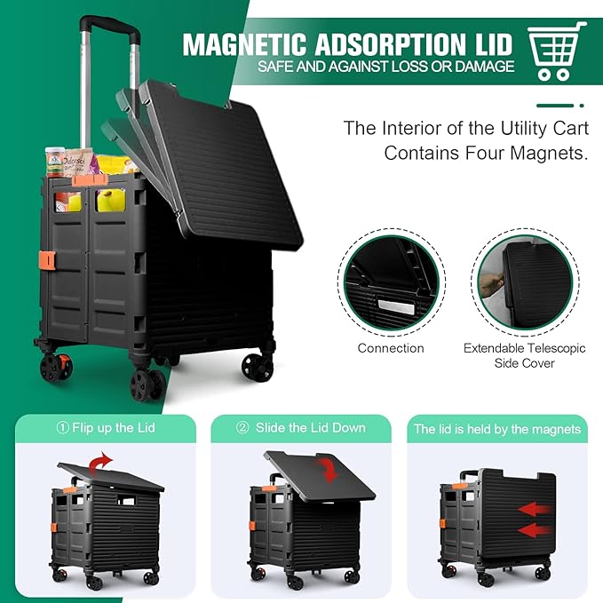 FELICON SELORSS Folding Utility Cart Portable Rolling Crate Handcart with Magnetic Sliding Lid Telescoping Handle Plastic Box Dolly 360°Swivel Wheels for Travel Shop Move Office Teacher(Black Pro)