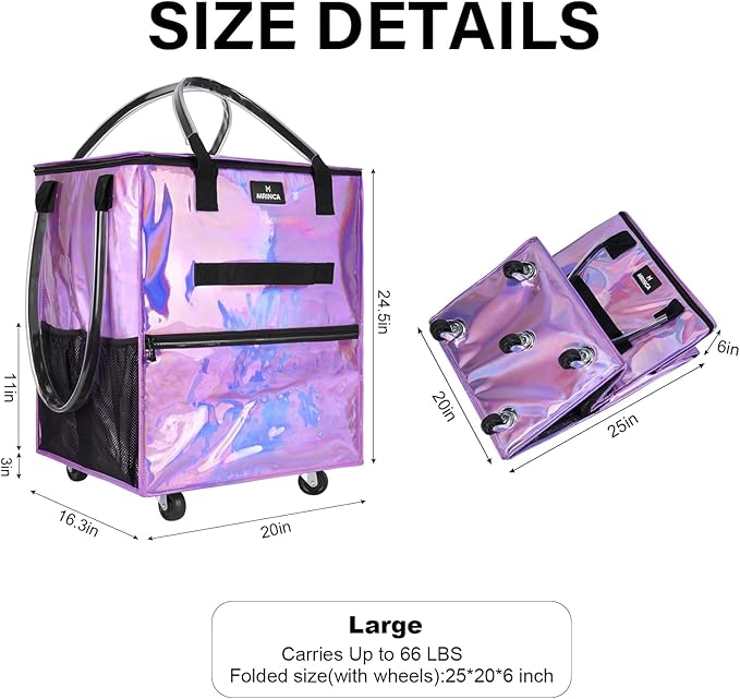 Large Reusable Grocery Bag On Wheels, 130L Large-Capacity Foldable Shopping Trolley, Lightweight with 5 Swivel Wheels, Multiple Pockets, Zippered Top & Heavy Duty Handles, for Shopping, Moving, Purple