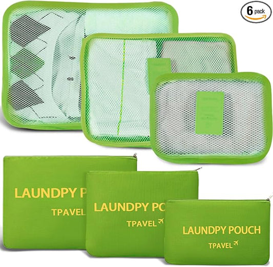 6 Set Packing Cubes for Travel Luggage Packing Bags Reusable Waterproof Suitcase Organizer Bags Set with Shoe Bag and Toiletry Bag (Green)