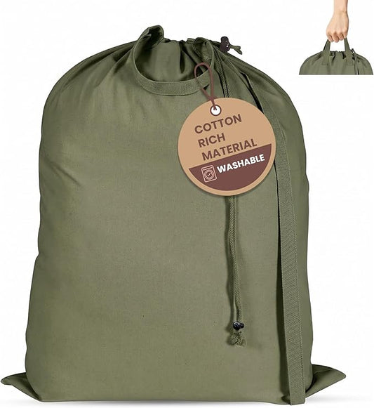 LFH Home Large Premium 1pack Cotton Canvas Laundry Bag with Drawstring and Handles Heavy Duty, Multi-Use, and Washable for Home, Travel, College or Storage 20x30-Militray Green