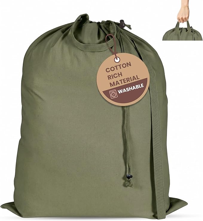 LFH Home Large Premium 1pack Cotton Canvas Laundry Bag with Drawstring and Handles Heavy Duty, Multi-Use, and Washable for Home, Travel, College or Storage 28x40-Militray Green