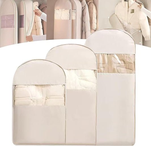 Space Saving Hanging Garment Bag with Self Compression Zipper 3pcs M+L+XL with Large Clear Window Oat Beige Closet Organizer Otherwise Space-saving Compression Garment Bag