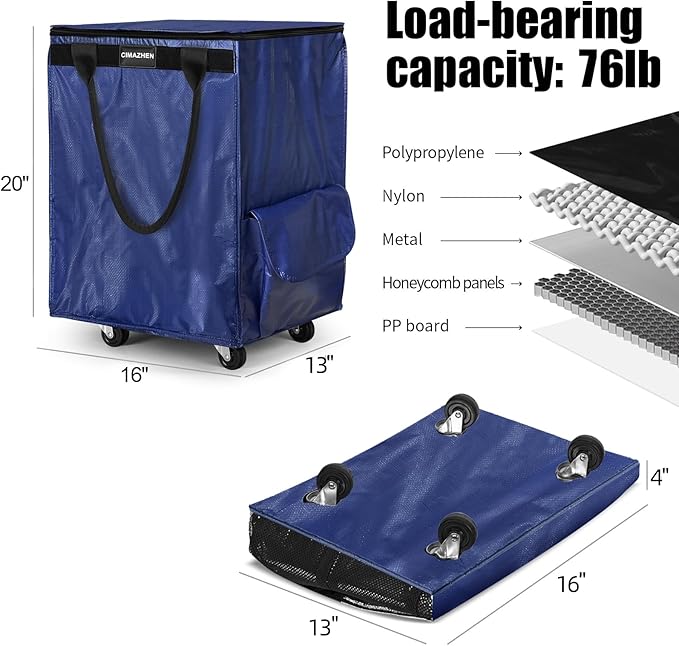 (Medium,Blue) Reusable Grocery Bag on 4 Wheels, Foldable Rolling Tote Bag with 3 Handles and Zipper, Storage Organizer for Groceries, Rolling Shopping Cart for Travel, 76lb