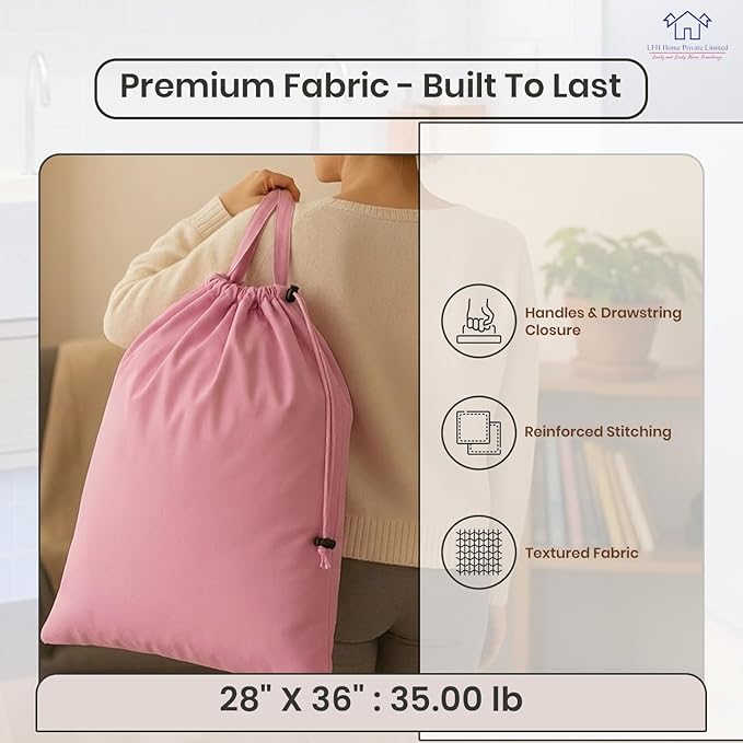 LFH Home Large Premium 1pack Cotton Canvas Laundry Bag with Drawstring and Handles Heavy Duty, Multi-Use, Washable for Home, Travel, College or Storage 28x36-Pink